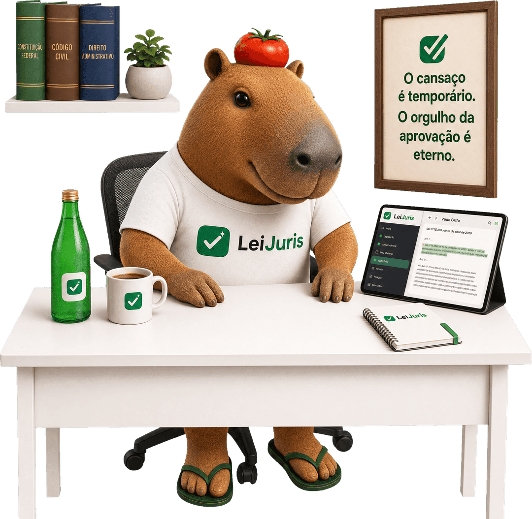 Severino, a capivara do LeiJuris, estudando com Vade Mecum, grifos verdes e a plataforma ao lado